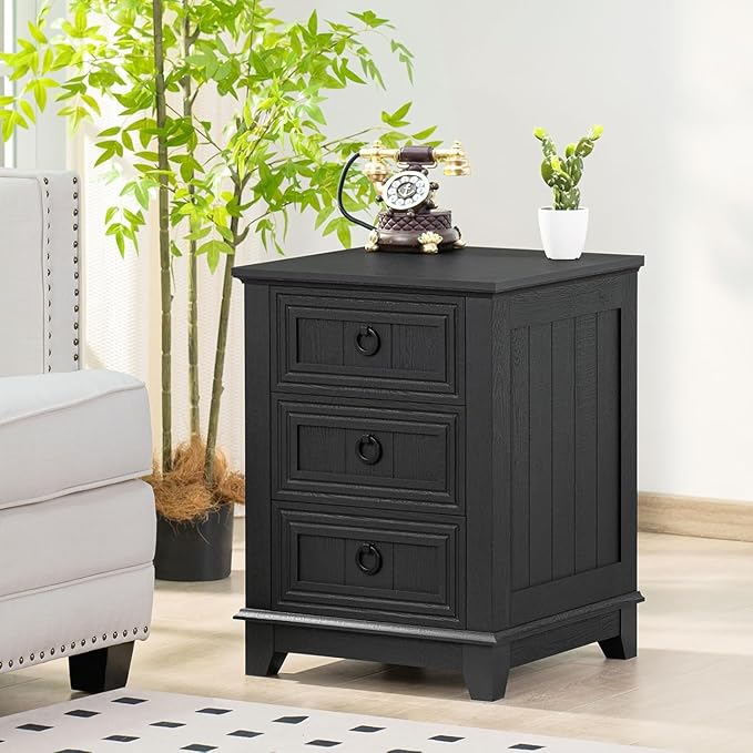 18" Night Stands Set of 2 with Charging Station, Farmhouse 2 & 3 Drawers End Table Dresser for Bedroom, Black Wooden Nightstand, Bed Side Table with Open Shelf, Bedside Cabinet for Living Room-Ruum Studio Home