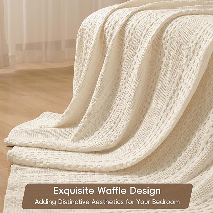 PHF 100% Cotton Waffle Weave Blanket Queen Size, Soft Lightweight Breathable Cozy Summer Blankets for Bed, Luxury Aesthetic Woven Bedding for Home Decor, 90"x90", Undyed-Ruum Studio Home