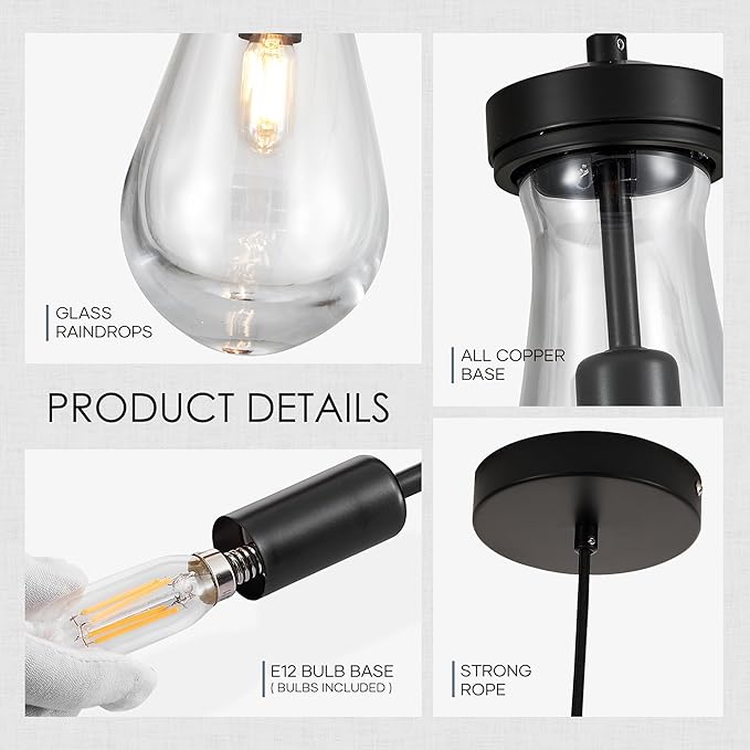Raindrop Pendant Light, Black Glass Pendant Lighting, Hand Blown Teardrops Modern Hanging Light for Entryway Foyer Stairway Kitchen Island Bedroom Dining Living Room Hallway-Ruum Studio Home