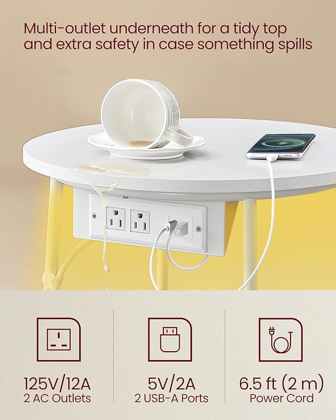 VASAGLE Side Table with Charging Station, Round End Table with Fabric Basket, LED Nightstand with Power Outlets, USB Ports, for Living Room, Bedroom, Modern, Matte White and Camel Brown ULET227W01-Ruum Studio Home