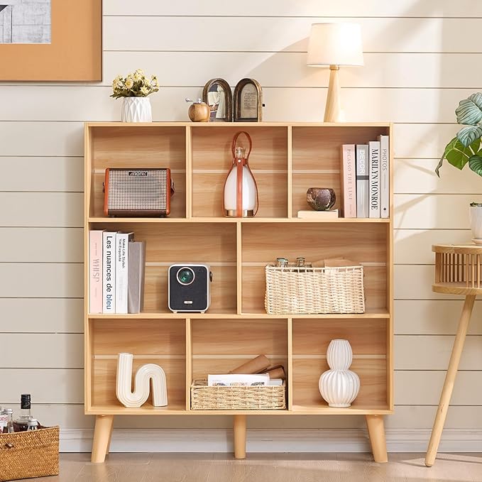 LEYAOYAO Wooden 8 Cube Book Shelf, Natural 3 Tier Bookshelf with Legs, Modern Open Storage Organizer,Boho Bookcase,Display Cabinet Shelf Free Standing Bookshelves for Bedroom,Living Room,Office-Ruum Studio Home