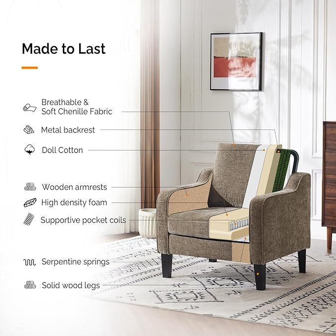 VINGLI Accent Chair for Living Room Chairs Light Brown Reading Chair for Bedroom Scooped Arm Chair Mid Century Modern Accent Chairs Upholstered Comfy Chair for Apartment, Waiting Room-Ruum Studio Home