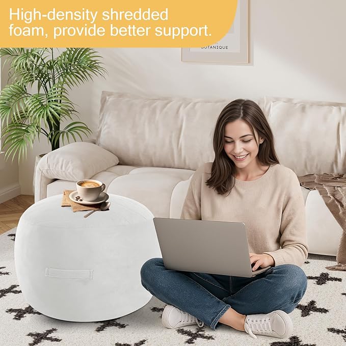 MeMoreCool Round Stuffed Pouf Ottoman Foot Rest, Floor Pouf Foot Stool with Soft Foam Chunk Filling, Small Round Ottoman Footstool Circle Footrest for Living Room, Off-White-Ruum Studio Home