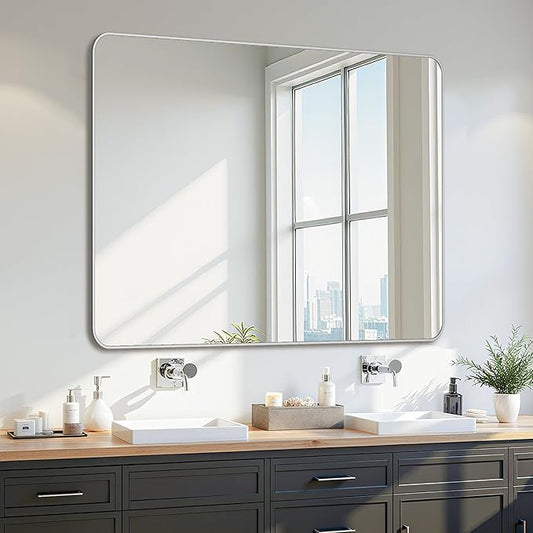 Bathroom Mirror 48" x 36", Large Rectangle Wall Mirror, Silver Metal Frame Wall Mounted Mirrors for Bathroom, Vanity, Bedroom, Entryway Decor(Horizontal/Vertical)-Ruum Studio Home