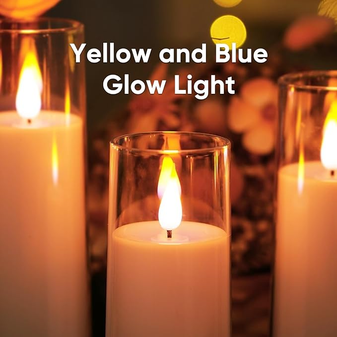Amagic Pure White Flameless Candles, Battery Operated Candles, Acrylic Flickering LED Pillar Candles with Remote Control and Timer, 3D Wick, Yellow and Blue Glow, D2.2 xH5 6" 7", Set of 9-Ruum Studio Home