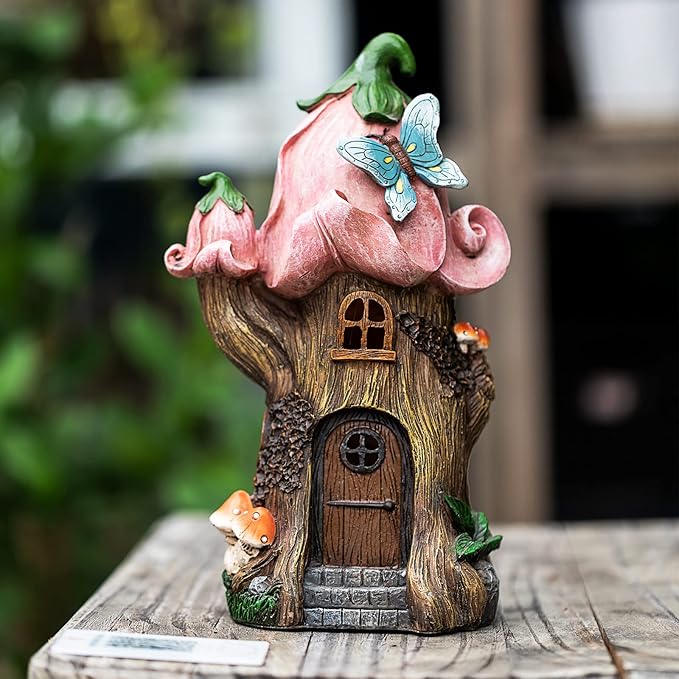 Fairy Garden Accessories Outdoor Statues, Mushroom House Decor,Large Gnome Solar Powered Lights Sculptures,Pink Resin Figurine Butterfly Figurines Lawn Ornaments for Patio Yard Decorations 11Inch-Ruum Studio Home