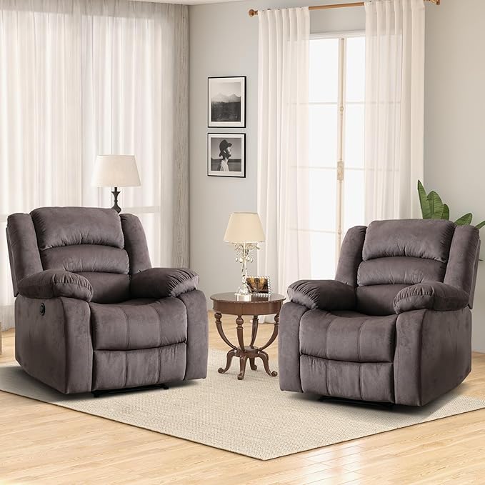 EBELLO Classic Power Recliner Chair, Oversized Electric Reclining Chair with Overstuffed Cushion and Back, Soft Fabric Adults Single Recliner Sofa for Living Room, Set of 2 Brown-Ruum Studio Home