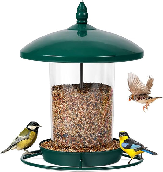 Metal Bird Feeder for Outdoors Hanging,3.0LB Seed Feeder,Easy to Fill & Clean,360° Feeding,Chew Proof Weatherproof Roof for Gardens and Wild Birds,Green-Ruum Studio Home