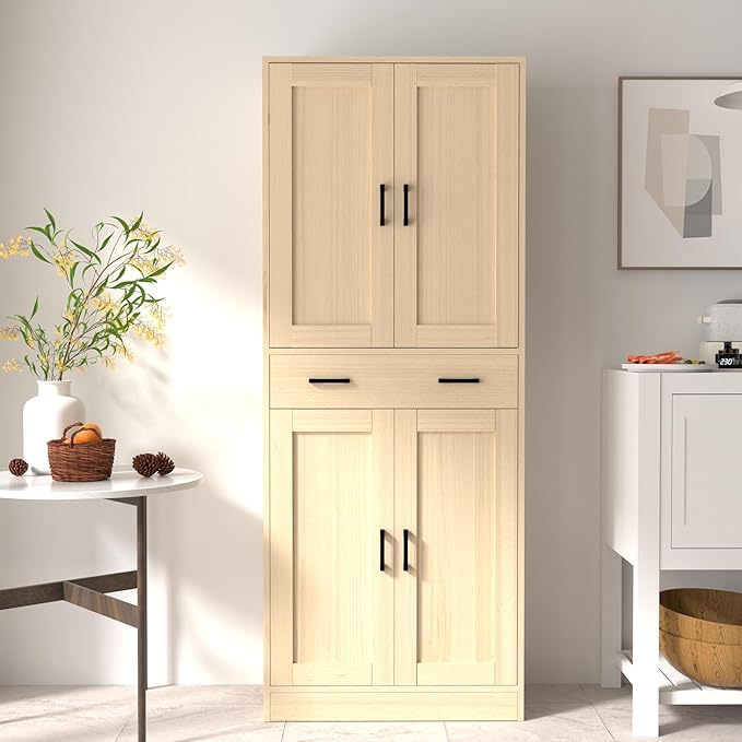 Oak Kitchen Pantry, 71" Tall Storage Cabinet with Doors and Drawer for Kitchen, Hallway, Office-Ruum Studio Home