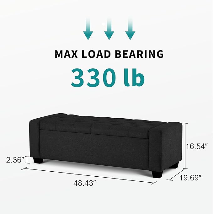 48" Ottoman with Storage, Black Storage Ottoman Bench with Safety Hinge, Upholstered Entryway Bench with Seating for Bedroom, Living Room, Holds up to 330 lb-Ruum Studio Home