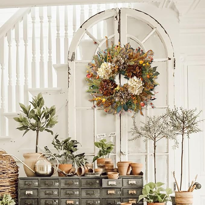 WANNA-CUL 24 Inch Fall Wreaths for Front Door with Hydrangea,Little Pumpkins-Fall Decorations for Home,Fall Door Wreath Decor for Autumn,Harvest, Halloween or Thanksgiving-Ruum Studio Home