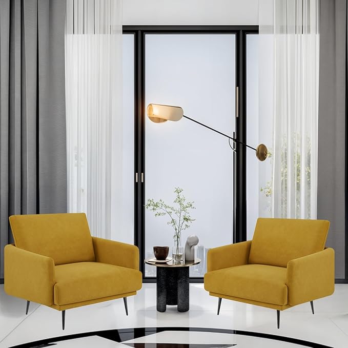 Oversized Accent Chair Set of 2 for Living Room Chairs Reading Arm Chair Comfy Modern Single Sofa Side Chairs with Metal Legs & Soft Cushion for Bedroom, Balcony,Waiting Room (Velvet, Amber Yellow)-Ruum Studio Home