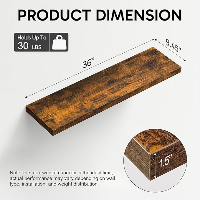 BAYKA Floating Shelves for Wall, 36 inches Wall Mounted Rustic Wood Shelves for Bathroom, Bedroom, Living Room, for Storage/Decor with 30lbs Capacity（Rustic Brown,Set of 3-Ruum Studio Home
