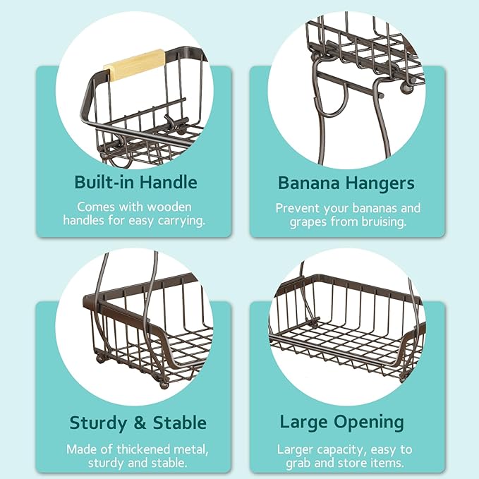 2 Tier Fruit Basket with 2 Banana Hangers, Detachable Countertop Fruit Bowls for Kitchen Counter, Metal Wire Fruit Vegetable Storage Holder Stand with Wooden Handles for Bread, Snacks, Veggies-Ruum Studio Home