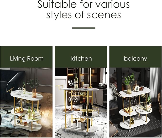 Gold Bar Carts with 4-Tier Storage Shelves, Mobile Bar Serving Cart with Wine Rack and Glass Holder, for The Home, Kitchen, Living Room, Dining Room-Ruum Studio Home
