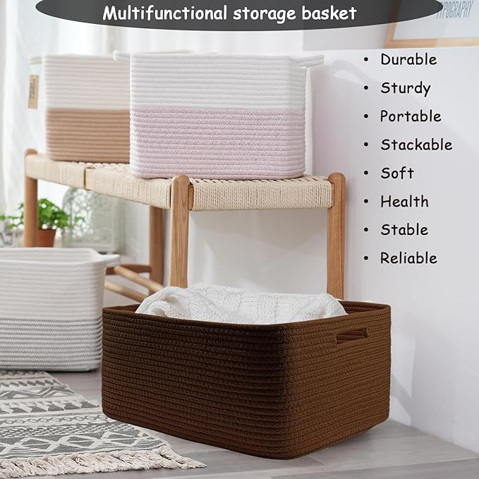 COMFY-HOMI Cotton Rope Woven Basket with Handles for Shelves,Toys,Book, Cloth Storage Baskets for Organizing-17" x 13" x 7.5" Toy Decorative Organizer for Living Room, Bathroom （dark brown）-Ruum Studio Home