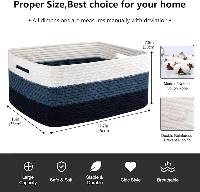 Large Storage Basket for Organizing, Woven Rope Basket for Shelves, Closet Organizer Bins for Clothes, Blanket, Toys, Baby Nursery Storage, 17.7" x 13" x 7.87", 2 Packs Gradient Blue-Ruum Studio Home