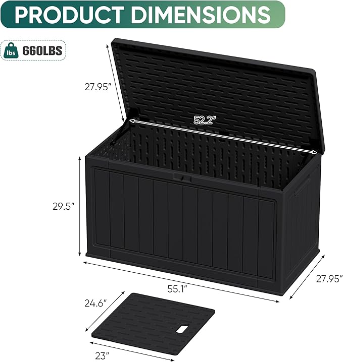 JUMMICO 160 Gallon Resin Outdoor Storage Deck Box with Divider, Waterproof Storage Box&Bench with Lockable Lid for Garden Tools, Pools Supplies (Black)-Ruum Studio Home