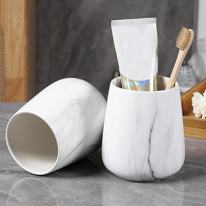 2Pcs Toothbrush Holder for Bathroom - Marble White Ceramic Tooth Brushing Holders Set, Toothbrush Cup & Toothpaste Organizer for Bathroom Countertop, Makeup Brush Holder, Pen Holder for Home Storage-Ruum Studio Home