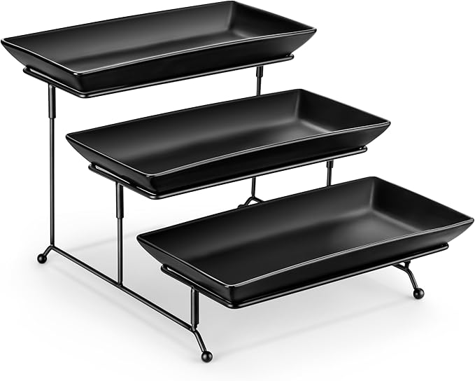 MALACASA 3 Tier Serving Trays for Party, Stoneware Serving Platters and Trays, 12 Inch Tiered Tray Stand, Fruit Tray, Trays for Serving Food, Black Dessert Stand with Collapsible Sturdier Metal Rack-Ruum Studio Home