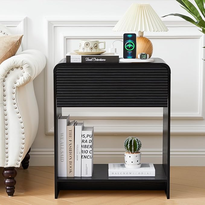 Fluted Nightstand with Charging Station, Mid Century Modern Bed Side Table End Table with Drawer Storage, Large Wooden Night Stands Bedside for Bedroom Living Room Sofa Office, Black-Ruum Studio Home