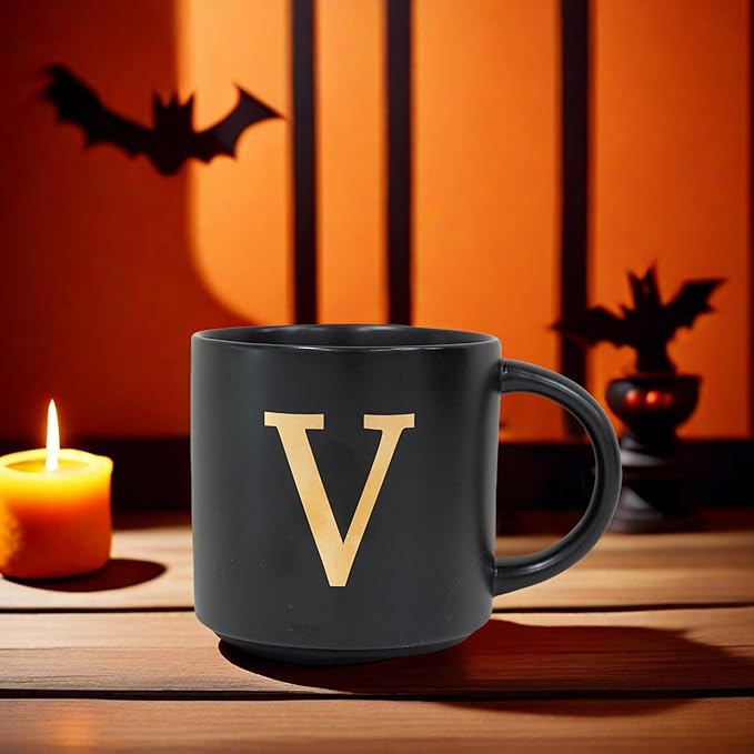 COLLECTIVE HOME - Monogram Ceramic Mugs, 15 oz Golden Initial Black Coffee Cups, Elegant Alphabet Tea Mugs, Elegant Personalized Mug with Gift Box, Unique Mug with Double Side Capital Lette (V)-Ruum Studio Home