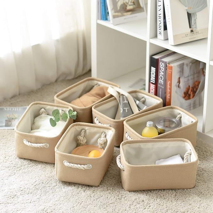TheWarmHome Storage Basket for Organizing - Small 6 Pack 11.8x7.8x5.2 inch Fabric Storage Cubes with Cotton Rope Handle, Collapsible Storage Bins Baby Storage Toy Nursery (Beige)-Ruum Studio Home