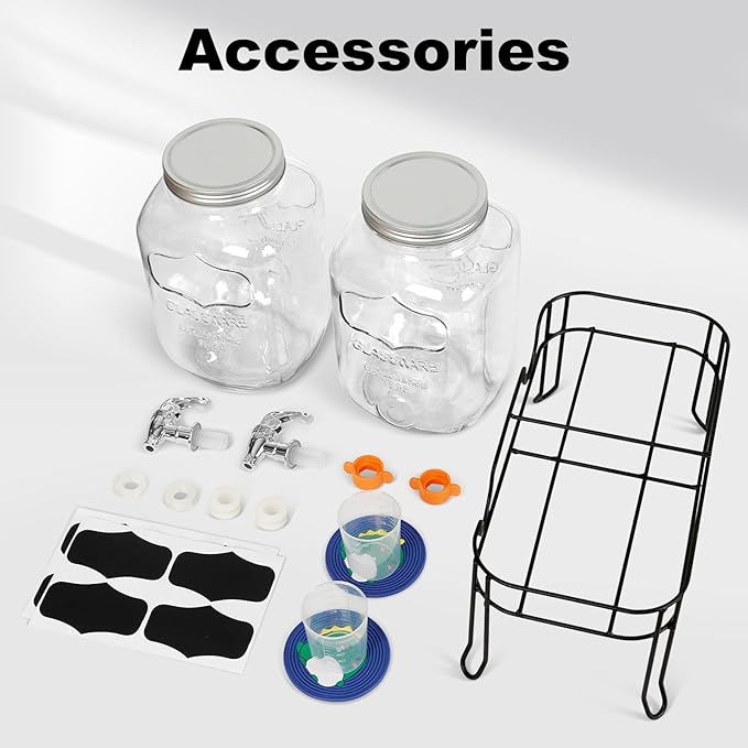 2-Pack 1 Gallon Glass Laundry Detergent Dispenser Set with Bamboo Lids and Stand - Liquid Soap and Fabric Softener Dispensers with Spigots, Cups, Labels and Mats, Laundry Room Organization and Storage-Ruum Studio Home