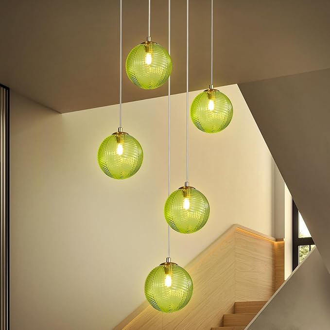 5-Light Chandelier, Globe Green Glass Flush Mount Pendant Light,15W Ceiling Hanging Light for Staircase Foyer Entryway Living Room Hotel Kitchen Island（3000K,G9 Bulbs Include）-Ruum Studio Home