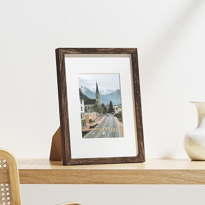 Vittanly 9x12 Picture Frames Set of 9, Shatter Resistant Plexiglass, Display 6x8 Pictures with Mat or 9x12 without Mat, Photo Frames for Wall or Tabletop, Engineered Wood, Brown-Ruum Studio Home