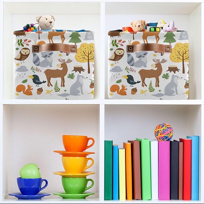 Storage Basket Bin Cute Woodland Animals Organizer Collapsible Shelf Basket Cube with Handle for Nursery Bedroom Bathroom-Ruum Studio Home