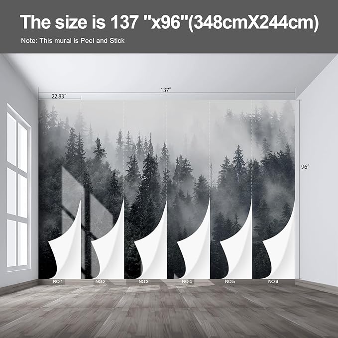 Misty Forest Landscape Wall murals Woodland Tree Peel and Stick Wallpaper for Bedroom Living Room - 96"x137"-Ruum Studio Home