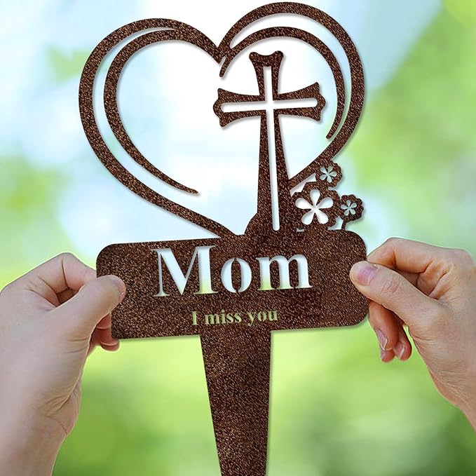 Mom Memorial Grave Stake, Cemetery Decorations for Grave Markers 12.5 x 7.2 inch Heart Metal Sympathy Stakes Graveside Plaque Decor Sign for Mother Graves, Yard, Garden - Rust-Mom-Ruum Studio Home