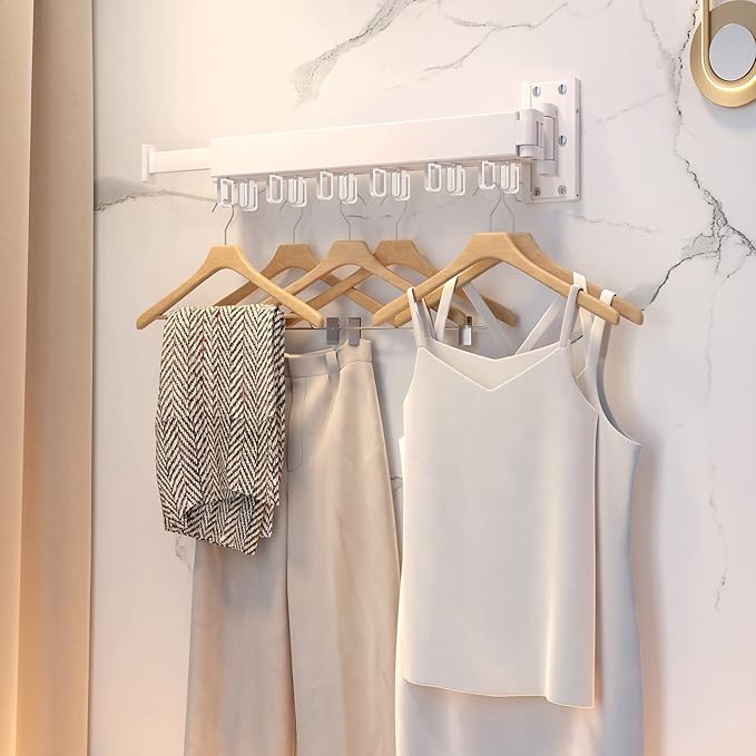 Clothes Drying Rack Wall Mounted,Drying Rack Clothing,Clothes Hanging Rack,Retractable,Collapsible(Tri-Fold), White Color(Ring)-Ruum Studio Home