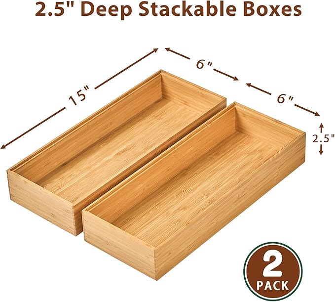 Umilife Bamboo Kitchen Drawer Organizer Boxes with Anti-Skid Silicone Feet, 2pcs Stackable Storage Bins for Kitchen Utensils & Silverware & Desk Drawer & Makeup, Tools Holder, 15”L x 6”W x 2.5”D Each-Ruum Studio Home