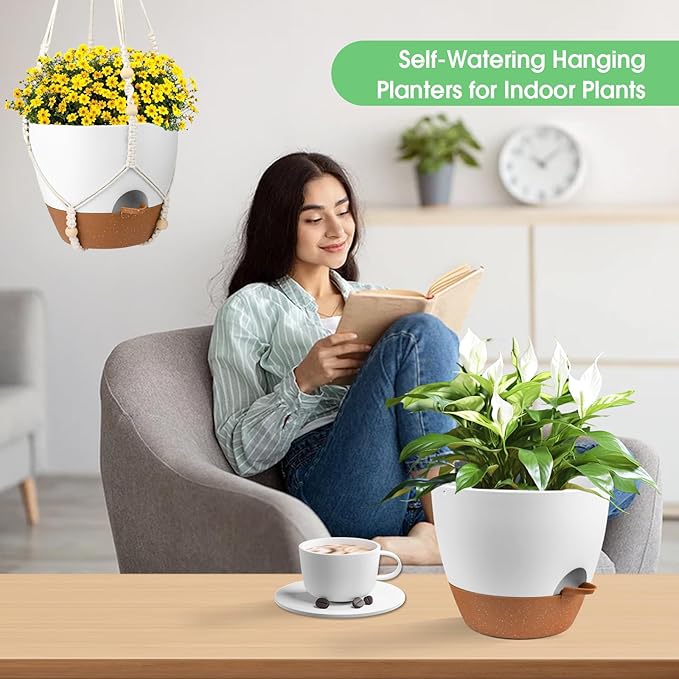 Hanging Planters for Indoor Outdoor Plants, 2 Pack Self Watering Hanging Pot with Drainage Holes, Removable Tray & 2 Kinds of Plant Hangers, 10'' Hanging Flower Pots for Home Garden Decor, White-Ruum Studio Home