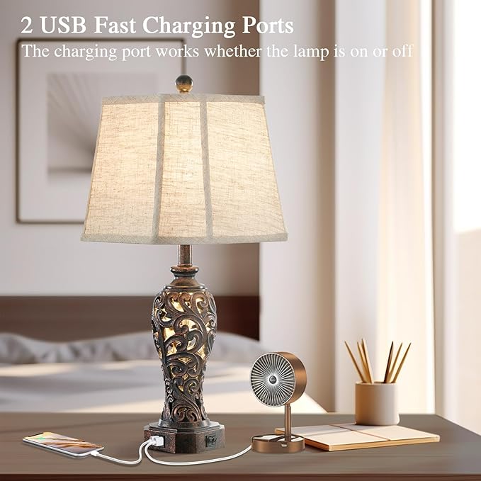 Set of 2 Farmhouse Table Lamps for Living Room, Rustic Vintage Nightstand Lamp with 2 USB Port, Bronze Resin Lamps for Bedroom End Table with Hollow Out Nightlight, 2 Bulbs Included-Ruum Studio Home