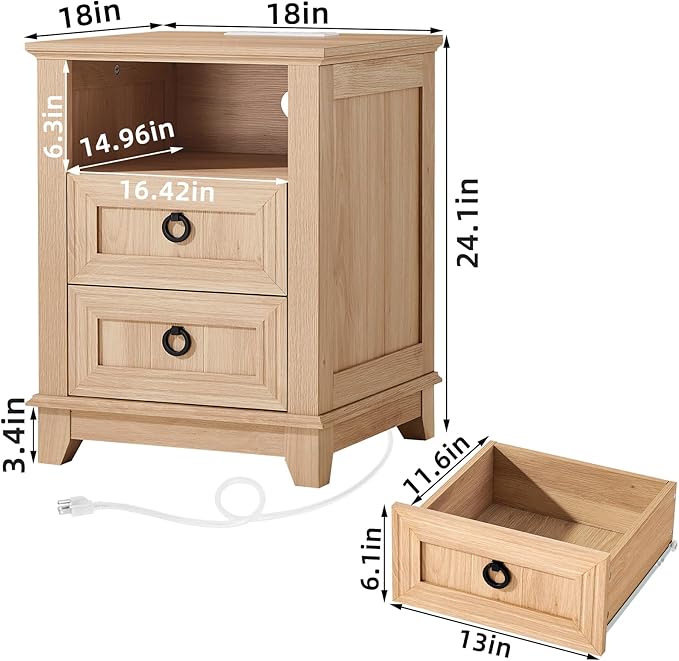 18" Farmhouse Night Stands Set of 2 with Charging Station, 2 Drawers Bedside End Table, Natural Wooden Nightstand, Bed Side Table Cabinet with Open Shelf for Bedroom Living Room Office-Ruum Studio Home