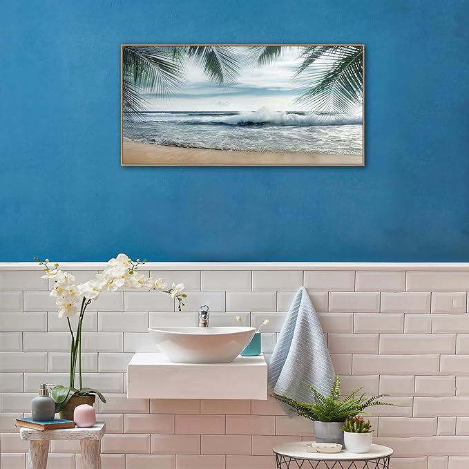 Framed Tropical Beach Wall Art - Ocean Waves Canvas Pictures Coastal Blue Sky and Sea Print Seaside Palm Tree Leaves Scene Painting Artwork Living Room Bedroom Office Home Decor 20" x 40"-Ruum Studio Home