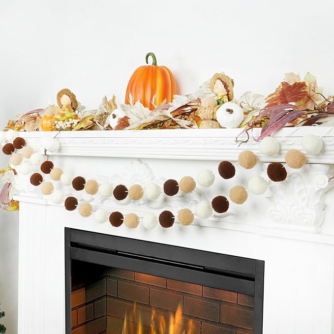 TBD Decor 2pk Pom Pom Garland 13FT Colorful Large Felt Ball Garland Fall Decoration for Mantle,Indoor Holiday Wedding Birthday Party Supplies(White Brown,4cm)-Ruum Studio Home