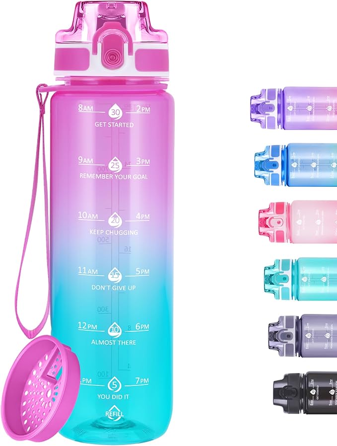 32oz Motivational Water Bottles with Time Marker & Fruit Strainer, Transparent Gradient Color Water Bottle with Times to Drink, Leakproof & BPA Free, Reusable Bottle with Strap (No Straw)-Ruum Studio Home
