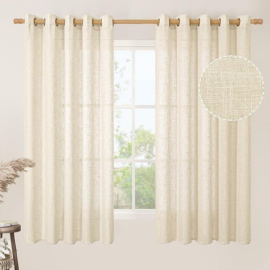 LAMIT Linen Curtains 63 inch Long for Living Room, Linen Light Filtering Boho Semi Sheer Window Textured Modern Drapes with Bronze Grommet for Bedroom, 2 Panels Set, 60 x 63 Inch, Beige-Ruum Studio Home