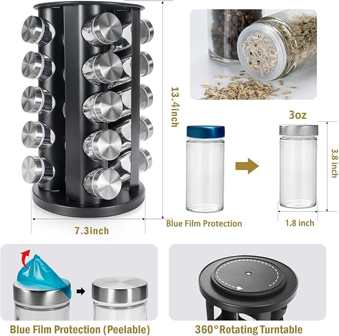 Black Countertop Revolving Spice Rack, Empty 20-Jars Rotating Spice Rack Organizer, Round Carousel Tower, 135 Spice Labels with Funnel Complete Set, for Kitchen Countertop, Cabinet-Ruum Studio Home