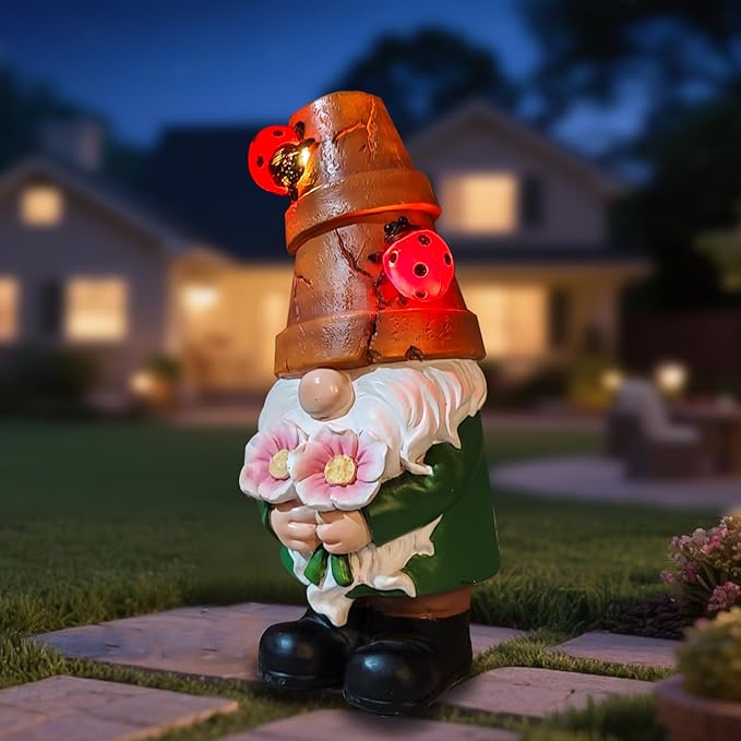 COWOS Garden Gnome Statues Outdoor Decor, Solar Gnomes with LED Lighted Flowers, Solar Resin Outdoor Statue Sculpture, for Woman Gift Home and Garden Decor-Ruum Studio Home