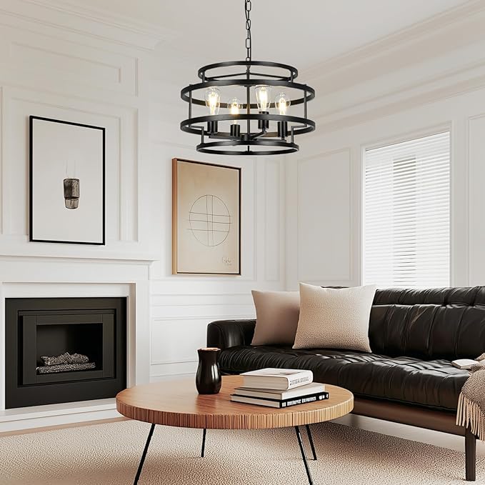 4-Light Black Chandelier for Dining Room, 19.7" Modern Farmhouse Pendant Light with Geometric Metal Frame, Industrial Flush Mount Ceiling Light for Living Room, Bedroom, Kitchen Island, Hallway, Foyer-Ruum Studio Home
