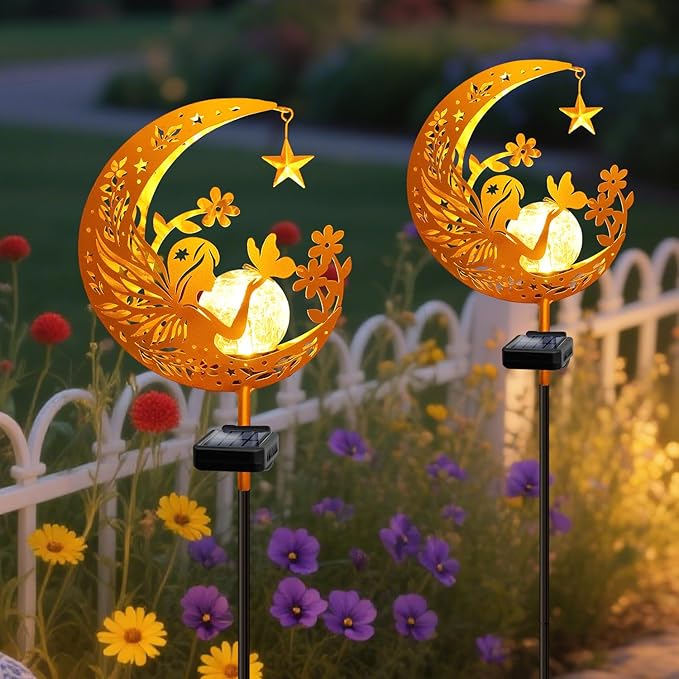 YJFWAL Garden Solar Fairy Lights Pathway Stake Lights Glass Globe with Moon Angel Decor, Gifts for Mom Grandma Friends, Outdoor Decor Light Waterproof for Walkway, Yard, Patio or Garden (Warm White)-Ruum Studio Home