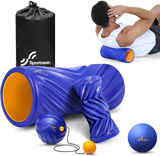 Sportneer 4 in 1 Foam Roller Set: Dual Textures Foam Roller, Foot Roller, Lacrosse Ball, Traction Massage Ball with String, Deep Massage Roller for Whole Body Release, Physical Therapy-Ruum Studio Home