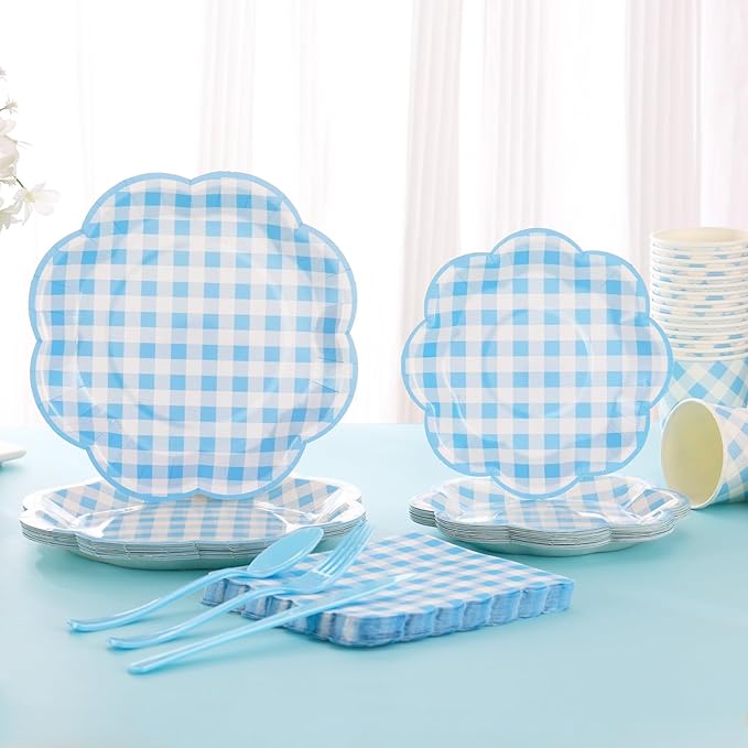 175 Pcs Blue Gingham Plates and Napkins Party Supplies - Blue and White Checkered Plates Sets Serve 25 Guests - Scalloped Gingham Paper Plate for Birthday Dinner Wedding Baby Shower Party Decorations-Ruum Studio Home