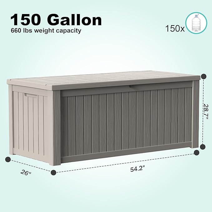 150Gal Outdoor Deck Box Waterproof, Lager Patio Storage Box Indoor and Outdoor Use, Lockable Resin Storage Bin for Patio Furniture Cushions Garden Tools, Package Delivery,UV Resistant-Grey-Ruum Studio Home
