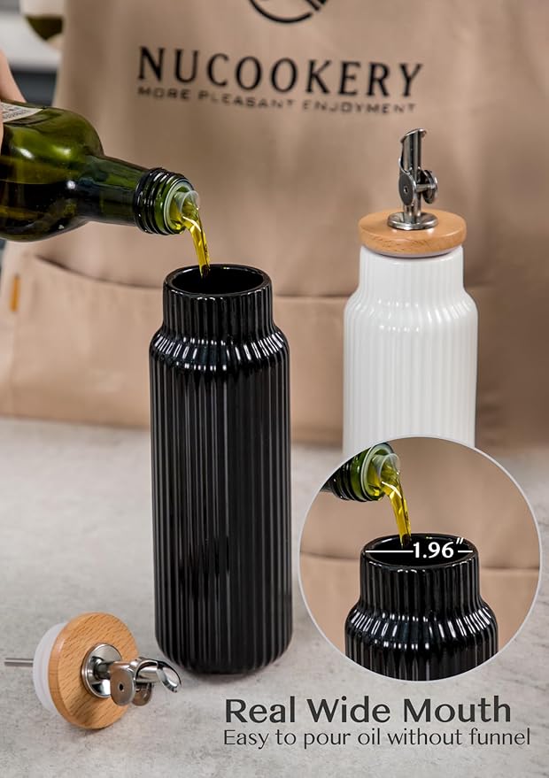 Nucookery Ceramic Olive Oil Dispenser Bottle for Kitchen, 14 oz Opaque Vinegar Dispenser Bottle, Large Capacity Cooking Oil Container for Storage Vinegar, Soy Sauce, Coffee Syrup, Black-Ruum Studio Home